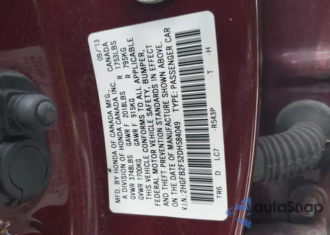 2013 Honda Civic Lx from USA, damaged, VIN 2HGFB2F52DH584049